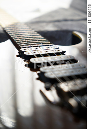 Electric guitar bridge, strings and pickup, detail close-up view of guitar pickup in wood walnut Electric guitar bridge, strings and pickup, detail close-up view of guitar pickup in wood walnut 114806466