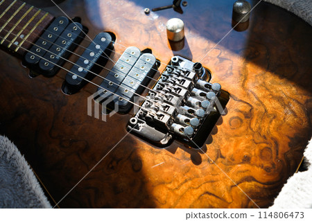 Electric guitar bridge, strings and pickup, detail close-up view of guitar pickup in wood walnut Electric guitar bridge, strings and pickup, detail close-up view of guitar pickup in wood walnut 114806473
