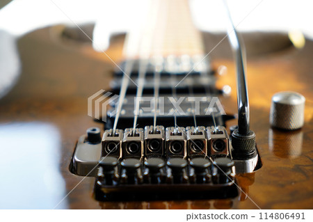 Electric guitar bridge, strings and pickup, detail close-up view of guitar pickup in wood walnut Electric guitar bridge, strings and pickup, detail close-up view of guitar pickup in wood walnut 114806491