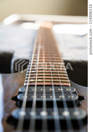 Electric guitar bridge, strings and pickup, detail close-up view of guitar pickup in wood walnut Electric guitar bridge, strings and pickup, detail close-up view of guitar pickup in wood walnut 114806518