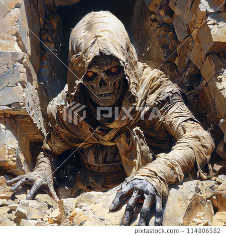 Mummy escaping from A stone sarcophagus tomb in the desert 114806582