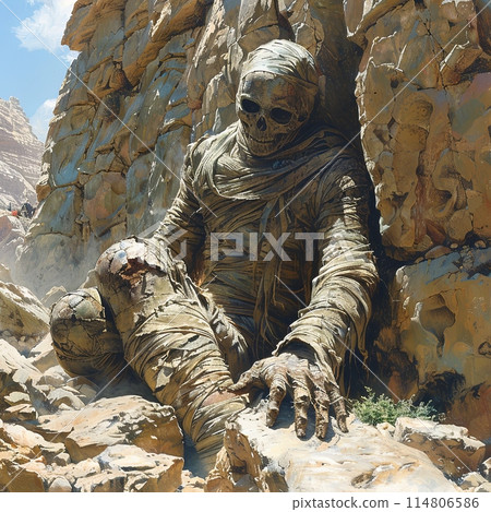 Mummy escaping from A stone sarcophagus tomb in the desert Mummy escaping from A stone sarcophagus tomb in the desert 114806586