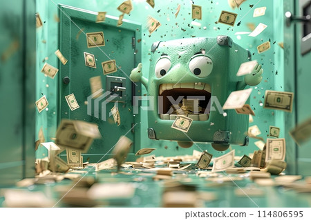 safe as a anthropomorphic funny cartoon caricature character escaping from the bank with money safe as a anthropomorphic funny cartoon caricature character escaping from the bank with money 114806595