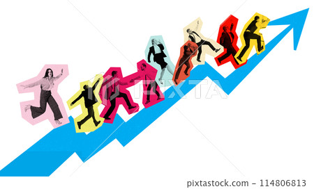 Contemporary art collage. Motivated workers in vibrant color blocks climbing a blue upward arrow, symbolizing growth, progress. Success. 114806813