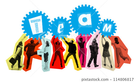 Contemporary art collage. Business people in vibrant color blocks working together to lift large blue gears spelling team. 114806817