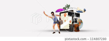 Next stop is summer trip. Man in striped swimsuit, with retro suitcase going on vacation, catching bus or car. Contemporary art collage. Next stop is summer trip. Man in striped swimsuit, with retro suitcase going on vacation, catching bus or car. Contemporary art collage. 114807280