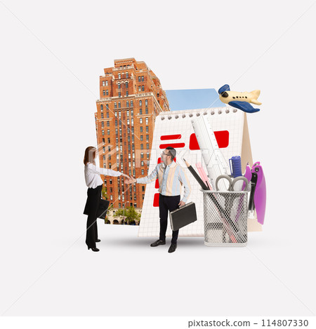 Business people, man and woman shaking hands against urban background symbolizing partnership all around the world. Contemporary art collage. 114807330