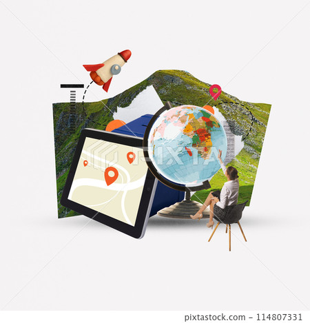 Global Business Navigation. Young woman in formal wear choosing travel destination with globe and digital map on tablet. Contemporary art collage. Global Business Navigation. Young woman in formal wear choosing travel destination with globe and digital map on tablet. Contemporary art collage. 114807331