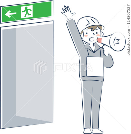 A woman using a megaphone to guide evacuation 114807527