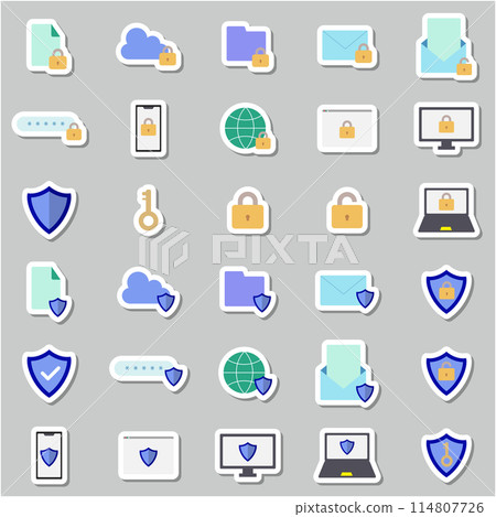 貼紙式智慧型手機、電腦和雲端安全圖示集。彩色插圖。 114807726