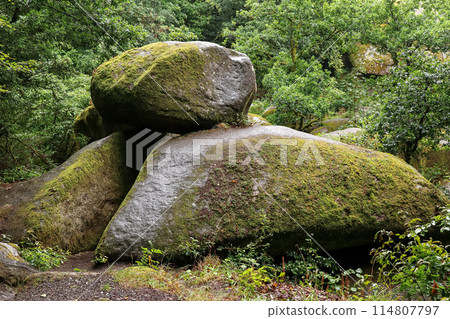 Le Chaos de Rochers or the Chaos of Rocks in Huelgoat forest, Brittany Le Chaos de Rochers or the Chaos of Rocks in Huelgoat forest, Brittany 114807797