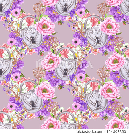 Hand drawn watercolor flowers bouquet with vintage lock keys seamless pattern isolated on milky lilac background. Can be used for textile, gift-wrapping and other printed products. 114807860