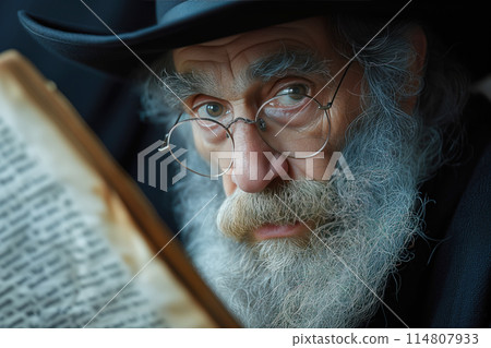 During Shabbat, an Orthodox Jewish man reads Torah in his synagogue AI Generative 114807933