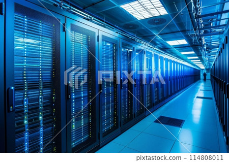 Rows of servers fill a long building hallway in a data center 114808011