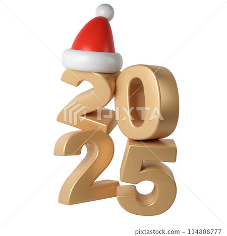 Winter 3d Happy New Year 2025 golden Numbers. Symbols cartoon render with red hat santa. Christmas decoration. Celebrate party Xmas Poster banner, cover card, brochure, flyer, layout design 114808777