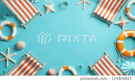 High key summer beach scene with striped deck chairs, life buoys, and starfish on a blue background 114808925