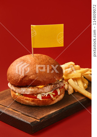 Cheeseburger with chicken patty and fries on wooden board 114809072