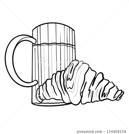 A graphic illustration of a croissant on a white backdrop, with a mug of tea or coffee next to it. 114809159