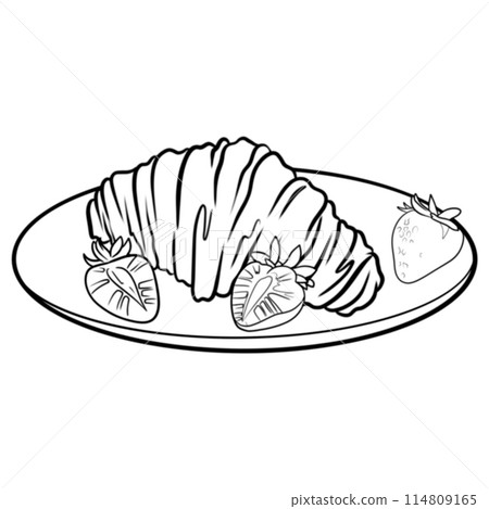 graphic illustration French breakfast croissant with strawberries on a plate on a white background graphic illustration French breakfast croissant with strawberries on a plate on a white background 114809165