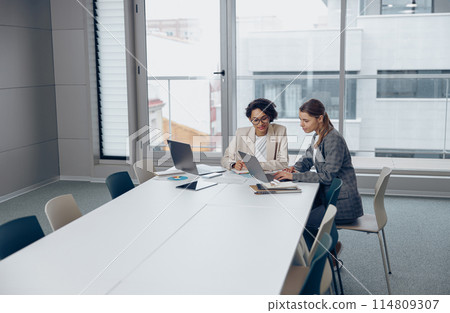 Two focused female coworkers working on project together and use laptop sitting in office 114809307