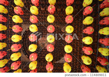 Red lantern tradition lamp on Chinese New Year festival in Chinatown. Celebration hanging Red lantern for luck in temple. East Asia tradition in Asia temple. Religion buddhism festival 114809811