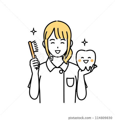 Illustration of a dentist and female dental hygienist recommending tooth brushing Illustration of a dentist and female dental hygienist recommending tooth brushing 114809830