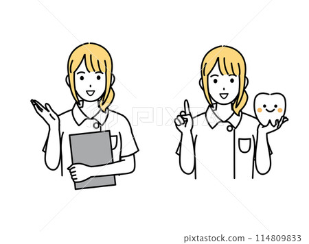 女牙醫和牙齒保健員解釋牙齒的插圖 114809833