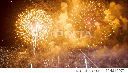 Golden Firework celebrate anniversary independence day night time celebrate national holiday. Countdown to new year 2023 party time event. Happy new year 2023, 4th of july holiday festival concept 114810071