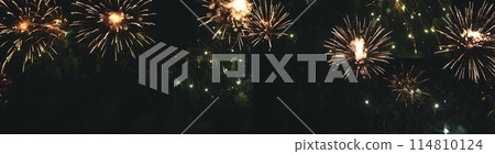 Banner Golden Firework celebrate anniversary happy new year 2024, 4th of july holiday festival. colorful gold firework celebrate national holiday. Banner new year 2024 party time with copy space 114810124