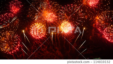 Red firework night background in dusk time celebrate national holiday. Countdown to new year 2024 festival party time event. Red Firework anniversary happy new year 2024, 4th of july holiday festival Red firework night background in dusk time celebrate national holiday. Countdown to new year 2024 festival party time event. Red Firework anniversary happy new year 2024, 4th of july holiday festival 114810132