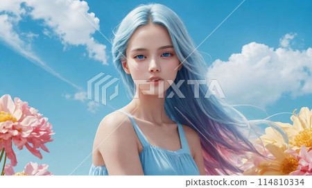 Young woman with sky blue theme 114810334