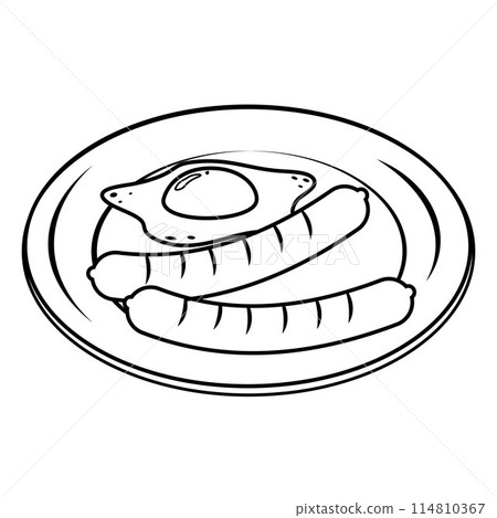 Sausage on a plate, black outline coloring, doodle style Sausage on a plate, black outline coloring, doodle style 114810367