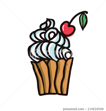 Sweet food vector sketchy illustrations of desserts. Macaroon, muffin, pudding, cake with fruit. Hand drawn colorful vector illustration isolated on white background 114810589