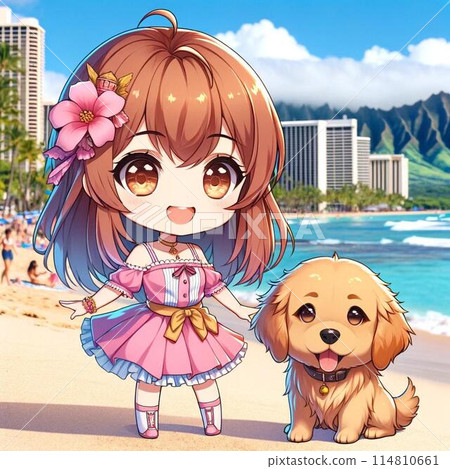 A dream vacation in Hawaii! Chibi idol and golden retriever make their Waikiki Beach debut 114810661