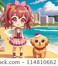Pink-brown chibi idol and her dog on a holiday at Waikiki Beach 114810662