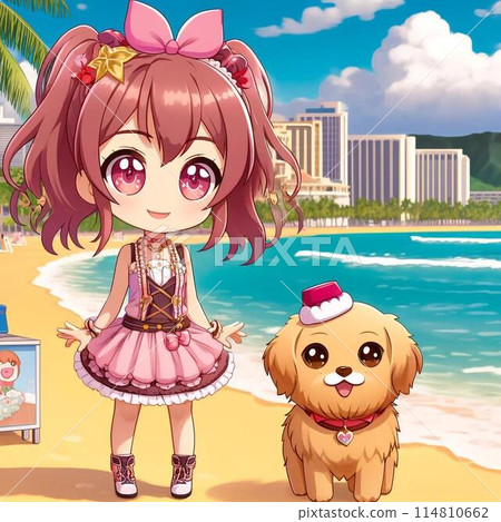 Pink-brown chibi idol and her dog on a holiday at Waikiki Beach 114810662