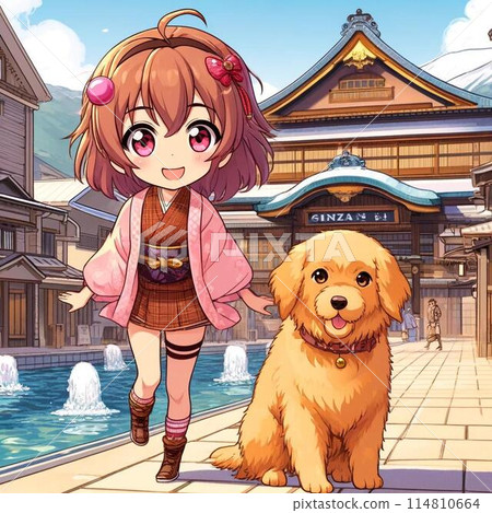 A fun hot spring town with a pink-brown chibi idol and her dog 114810664