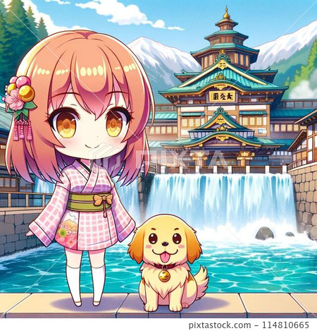 A cute duo tours the hot spring town! A chibi idol and a golden retriever 114810665
