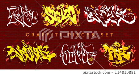 Abstract Colorful Urban Graffiti Pieces Or Street Art Lettering Vector Illustration Set 114810881