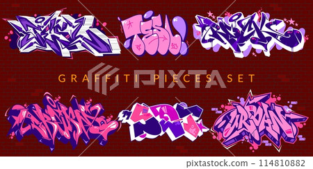 Trendy Abstract Colorful Urban Graffiti Pieces Or Street Art Lettering Vector Illustration Set 114810882