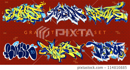 Cool Trendy Abstract Colorful Urban Graffiti Pieces Or Street Art Lettering Vector Illustration Set 114810885