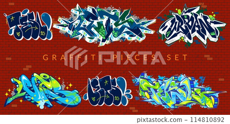 Abstract Colorful Urban Graffiti Pieces Or Street Art Lettering Vector Illustration Set 114810892