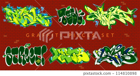 Cool Trendy Abstract Colorful Urban Graffiti Pieces Or Street Art Lettering Vector Illustration Set 114810898
