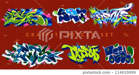 Trendy Abstract Colorful Urban Graffiti Pieces Or Street Art Lettering Vector Illustration Set 114810899