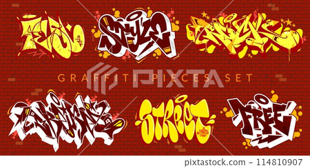 Abstract Colorful Urban Graffiti Pieces Or Street Art Lettering Vector Illustration Set Abstract Colorful Urban Graffiti Pieces Or Street Art Lettering Vector Illustration Set 114810907