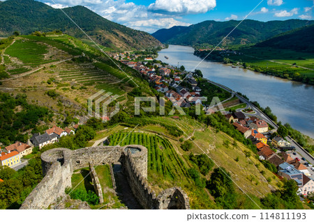 View from castle Hinterhaus in Spitz Wachau Austria with Danube river and vineyards 114811193