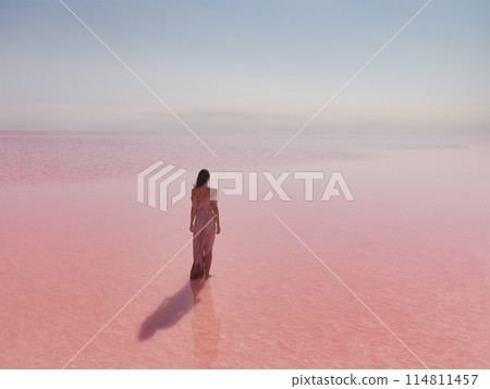 Romantic Young Woman in Pink Long Dress in Water on Pink Salt Lake 114811457