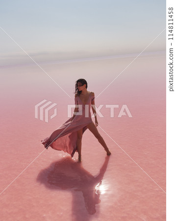 Fashionable Luxury Woman in Pink Long Dress in Water on Pink Salt Lake 114811458