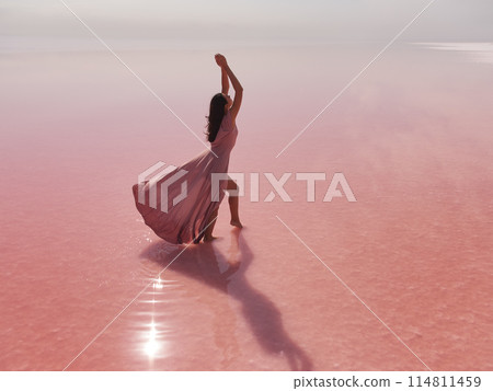Fashionable Young Woman in Pink Long Dress on Salty Pink Lake  114811459