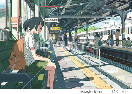 Need Vacation abstract: cartoon anime manga, bustlin train station platform overflows with excited passengers. Laughter and chattering fill the air. 114811614